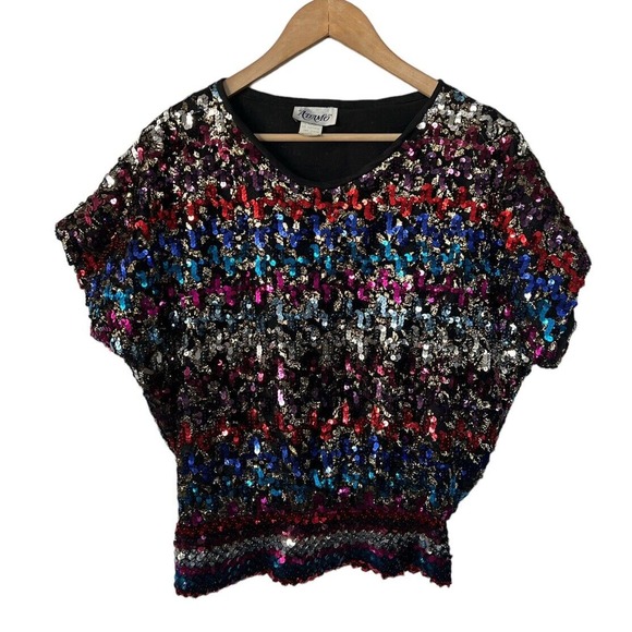 Vintage 80s Adamo Disco Rainbow Sequin Top Small - Picture 1 of 6